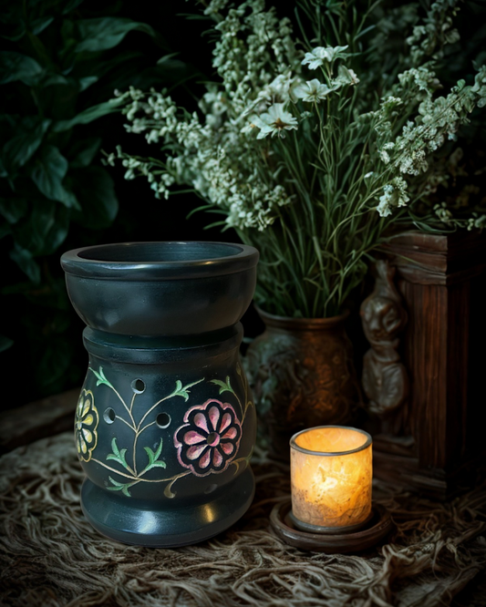 Brûle-parfum en pierre à savon noire motif floral