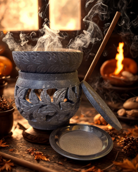 Brûleur multi-usages en stéatite marbrée motif floral