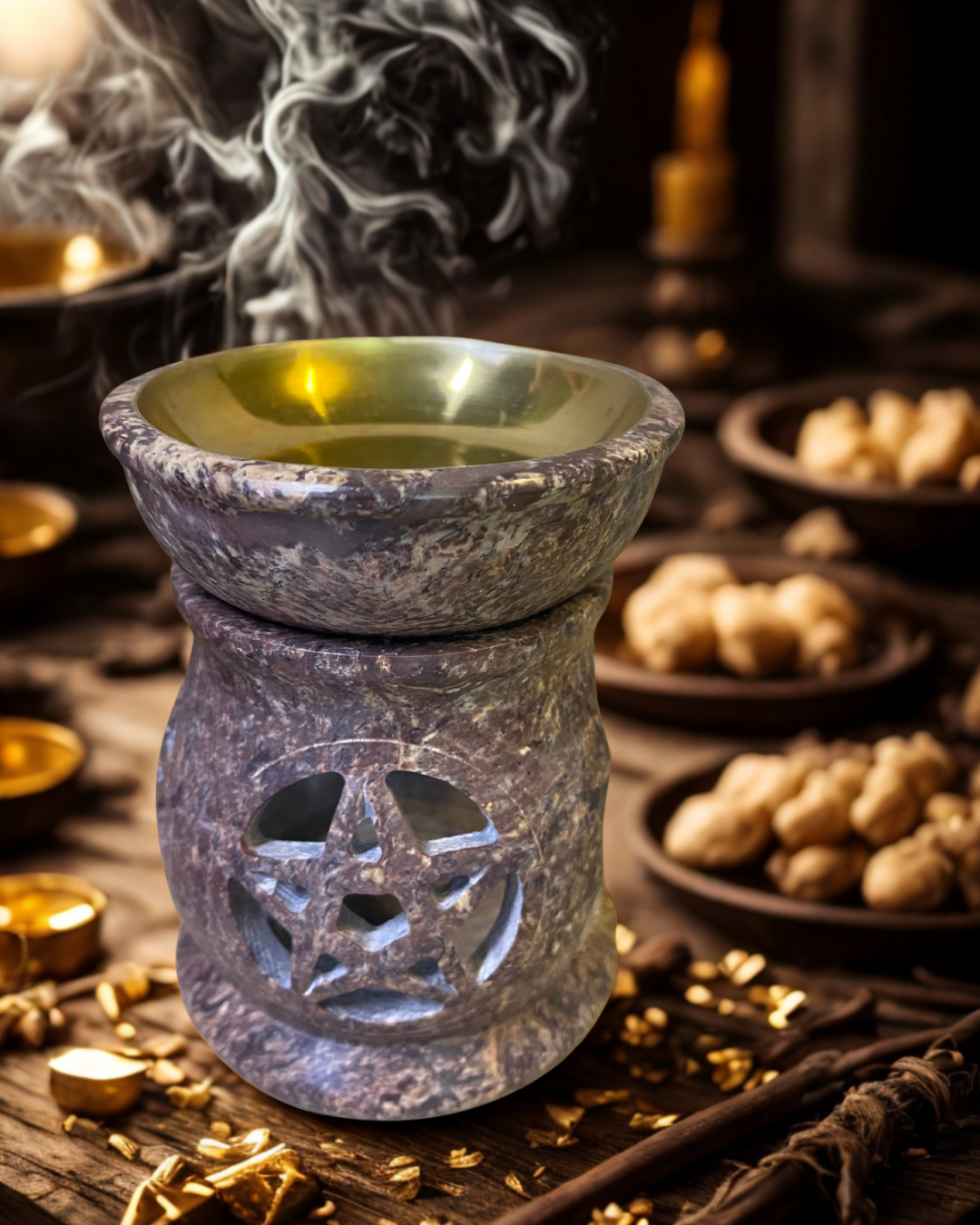 Brûle-parfum en pierre à savon motif Pentacle