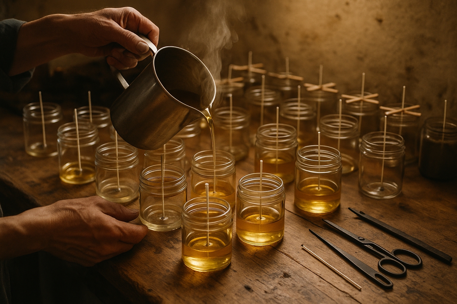 Savoir faire de coulée des bougies en pots à la main